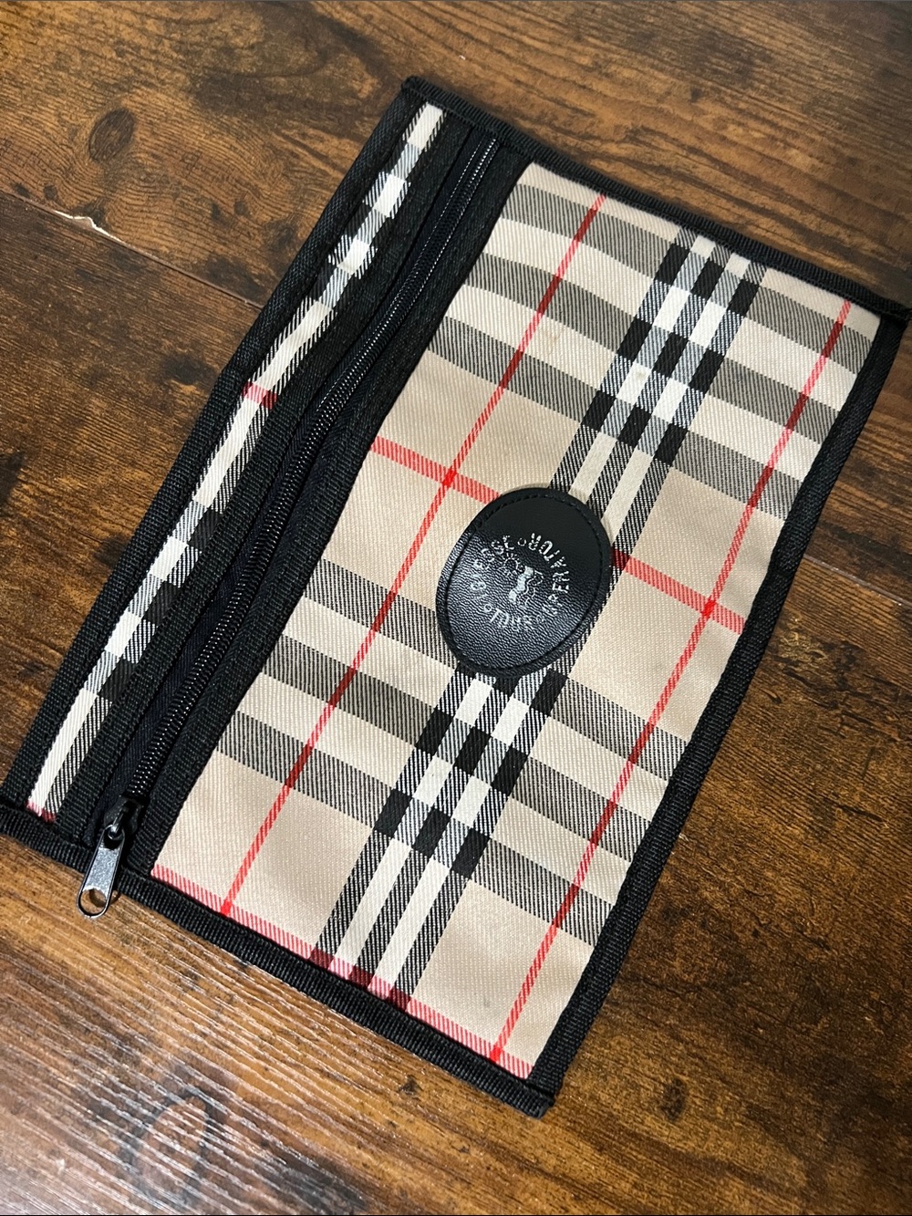 Beige Plaid Trifold Wallet with Black Trim